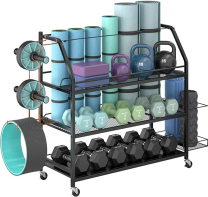 Weight Rack for Dumbbells - Home Gym Storage Rack - Dumbbell and Weight Organizer with 4 Flexible Wheels and Unique Storage on Both Sides