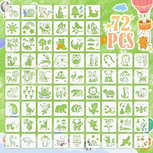 72 Pcs Animals Stencils for Painting Set, Reusable Tiger Dino Lion Deer Cute Painting Templates - Stencil Crafts Drawing Templates for DIY Scrapbook, Home Wall Murals, Canvas Wood Signs - style: Animals