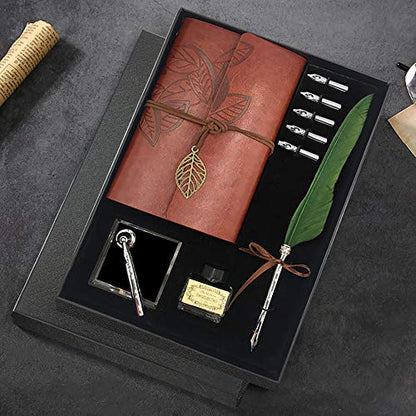 GCCL Quill Pen and Ink Set, Antique Feather Dip Calligraphy Pen Set, including Feather Pen, 5 Replacement Nibs, Pen Nib Base, Notebook, Ink, Gift Box, Best Gifts for Men Dad (Green) - color: Green