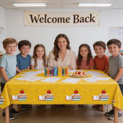 Back to School Party Tablecloth, 1PCS Disposable Plastic Table Cover, Yellow Ruler Apple Book Design, Rectangular Classroom Tablecloth for First Day of School, Teacher Appreciation Party Supplies - color: Tablecloth