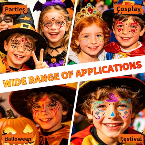 58 PCS Halloween Face Paint Stencils for Kids and Adults, 36 Reusable Facial Painting Templates, 6 Sticky Tattoo Stencils, 10 Brushes, 2 Gem Stickers, 4 Finger Sponges for Halloween Party Makeup - color: red
