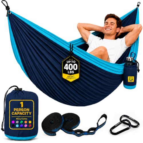 Durable Hammock 400 lb Capacity, Nylon Camping Hammock Chair - Double or Single Sizes w/Tree Straps and Attached Carry Bag - Portable for Travel/Backpacking/Beach/Backyard (Medium, Blue & Light Blue) - color: Blue & Light Blue, size: Medium