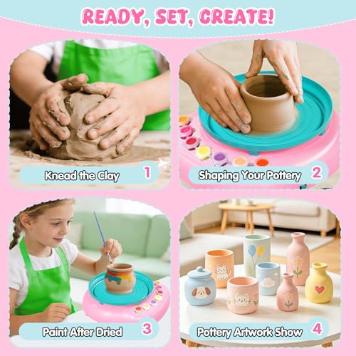Weilim Pottery Wheel for Kids Beginners, Air-Dry Clay & Paint Kit Ages 6-12 | 3 Clay Packs, 14 Paint Colors, Sculpting Tools, Brushes, Palette,Apron; Gentle Beginner Spin, USB Rechargeable, No Oven - color: Easter