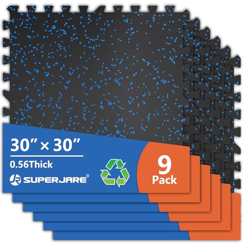 SUPERJARE 30" x 30" Larger Rubber Top Exercise Equipment Mats, 0.56" Thick 9PCS 56.3 Sq Ft High-Density EVA Foam Interlocking Gym Flooring, Big Workout Mat for Home Gym, Floor Protection, Black/Blue - size: 9 Tiles (56 Sq Ft)