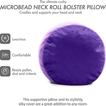 Microbead Bolster Neck Roll Pillow, 14x8 in Cylinder Tube, Paril Purple | Silky feel fabric helps prevent wrinkles & hair breakage; feather-light beads gently cushion head & shoulders as you rest - color: Paril Purple
