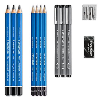 Staedtler Mars Lumograph Art Set | Drawing Kit with Art Pencils, Drawing Pens, Eraser and Double Hole Sharpener (61 100) - style: Sketching set