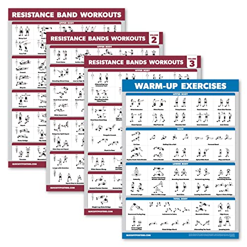 Palace Learning 4 Pack - Resistance Bands Workout Posters Volume 1, 2 & 3 + Warm Up Exercise Chart