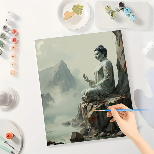 Buddha Statue Paint by Numbers Kit for Adults - DIY Tranquil Buddha on Cliff Painting on Canvas 16x20 Inches, Acrylic Paint Set, Suitable for Beginners, Zen Art for Home Decoration or Gifts. - color: TCXY04855, size: 40×50cm Unframed