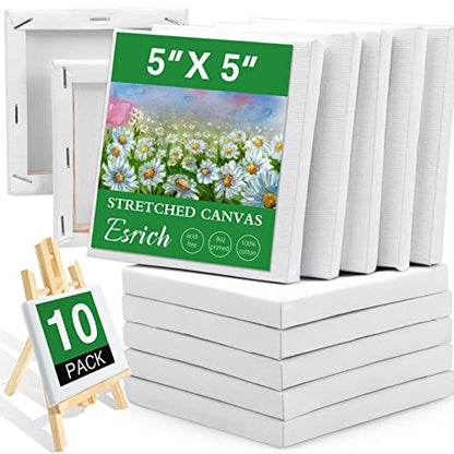 ESRICH Mini Stretched Canvas 10 Pack 5x5inch, 2/5''Profile Art Primed Canvases for Painting, Cotton Small Professional Stretched Canvas for Kids and Art Supplies, for Acrylics, Oils. - style: 10 Packs Stretched Canvas - 5*5in