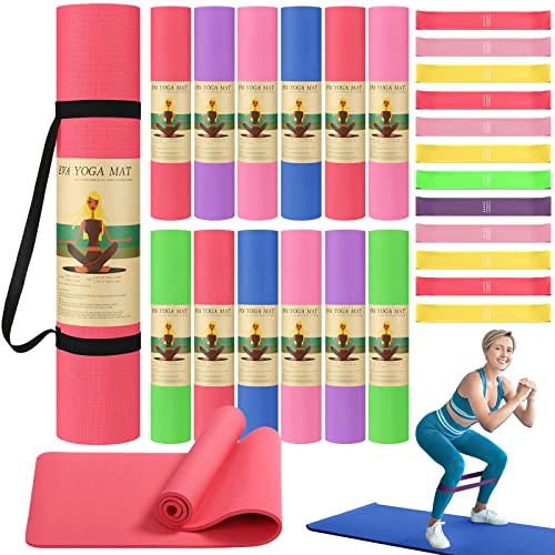 Hoolerry 36 Pieces Yoga Mats Sets Includes 12 Pcs Yoga Mats Bulk 68” x 24” x 6mm Thick Exercise Mat Non Slip 12 Resistance Bands 12 Carrying Straps for Women Girls for Gym Pilates - color: Bright Colors