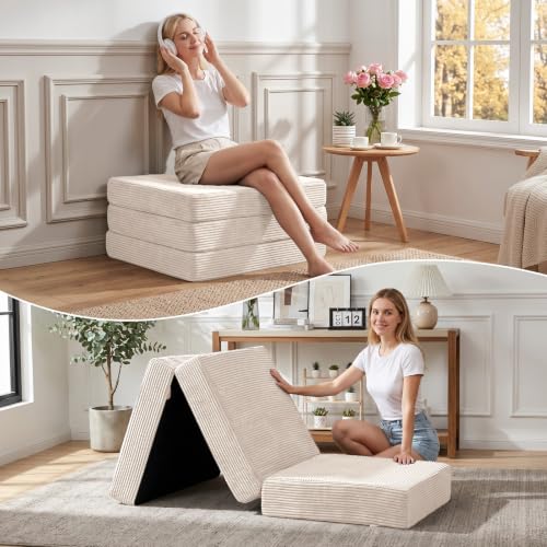 6 Inch Tri Fold Memory Foam Mattress Single Size, Foldable Futon Mattress Topper with Removable Washable Cover, Portable Floor Sofa Bed Guest Mat with Carry Handles & Non-Slip Bottom for Camping - color: Beige, size: SINGLE