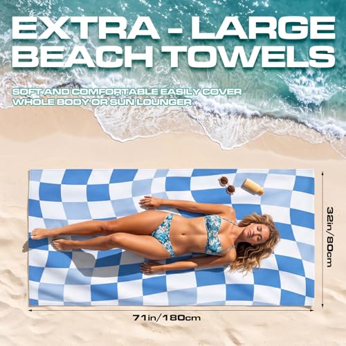 4 Pack Summer Checkered Beach Towel for Women, Oversized 32 x 71 Inches, Lightweight Quick Dry Microfiber Towel for Pool Camping Travel Swimming Picnic and Sports