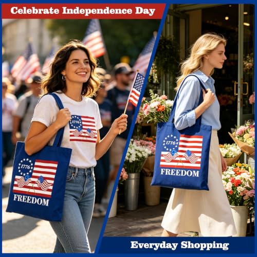 Canvas Tote Bag with Zipper for Women, Halloween Trick or Treat Bags Bulk | 13.8" x 15.3" Fashionable Two-Tone Cotton Tote Bag for Crafts, DIY Your Creative Designs - color: [A0] Freedom - Blue