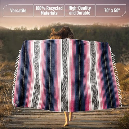 Hydration Nation Authentic Large Handwoven Mexican Blanket - Soft Yoga- Durable Serape- Lightweight Falsa, Beach, Camping, Picnic, Outdoor Blanket 70"x50" - Rose Pastel - color: Rose Pastel