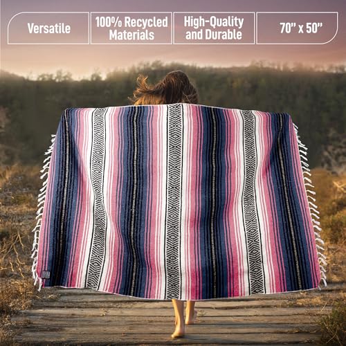 Hydration Nation Authentic Large Handwoven Mexican Blanket - Soft Yoga- Durable Serape- Lightweight Falsa, Beach, Camping, Picnic, Outdoor Blanket 70"x50" - Rose Pastel - color: Rose Pastel