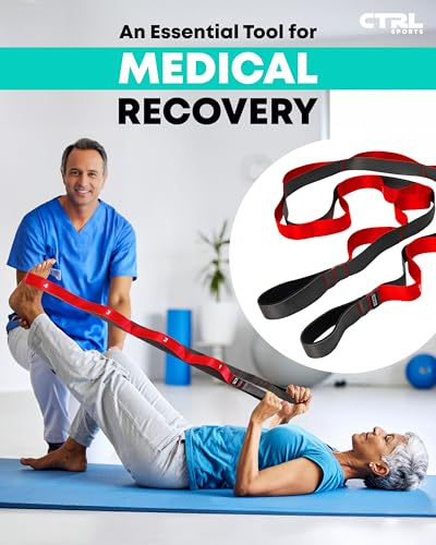Stretching Strap with Loops - Non Elastic Yoga Strap for Physical Therapy - style: 12 Loops - Red