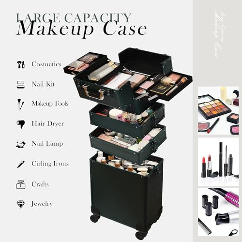 Particle Rolling Makeup Train Case Professional Cosmetic Trolley Large Storage Organizer with Key Swivel Wheels Salon Barber Case - New Green (Extra Portable Cosmetic Bag, Green) - color: Green