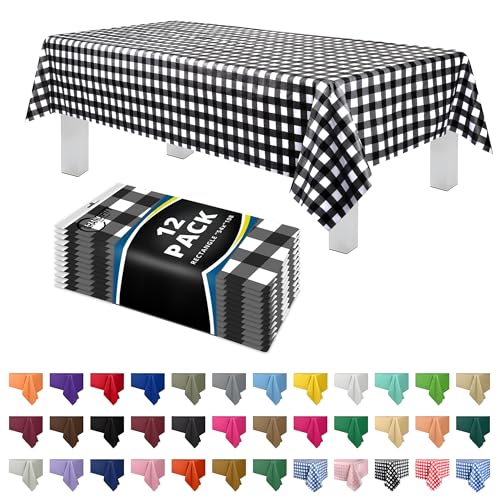 Grandipity Plastic Table Cloth Disposable 12 Pack 54” x 108” Rectangle | Black Gingham Plastic table covers, durable disposable tablecloths, fade and tear-resistent table cover for party, event - color: Black Gingham, size: 54in. x 108in. Rectangle