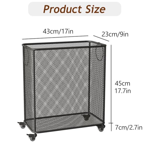 Gold Metal Basket with Wheels, Rolling Laundry Hamper Cart, Mesh Wire Laundry Basket, Yoga Mat Storage Rack,Large Capacity Dirty Clothes Organizer for Bedroom Living Room(17"W x 9"D x 20.5"H, Black) - color: Black