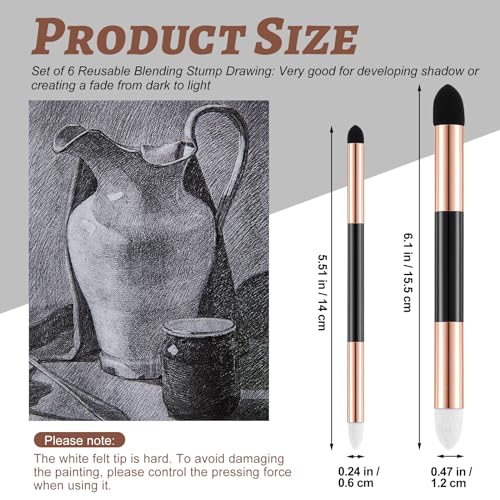Kosiz 6 Pcs Blending Sponge Pen Rub and Buff Double Headed,Gold | Washable Reusable Sketching Blender Stumps for Artist Drawing, Highlight Shadow Detail Shading, Wipe Buff Art Tools - color: Gold