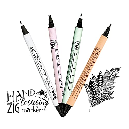 Kuretake ZIG Twin Marker BLACK 4 Assortment set for Hand Lettering, Calligraphy Art, Illustration, Journaling, Cartooning, AP- Certificated, Made in Japan