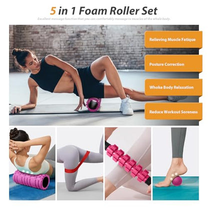 SUBCULTUREPICK 5 in 1 Foam Roller Set for Deep Tissue Muscle Massage | High Density Fitness Exercise Foam Roller, Muscle Roller, Massage Ball, Resistance Band, for Whole Body Physical Therapy Pink - color: Pink-black