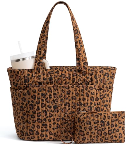 Bagstellar Quilted Tote Bag for Women Teacher Nurse Cotton Laptop Work Tote | Top Zip Closure Puffer Nursing School Travel Tote Bags with 40oz Cup Holder, Lightweight 14” Computer Shoulder Handbag Purses - color: Leopard