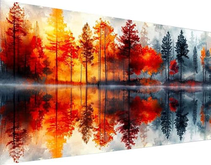 MOMDEDP 5D Lake & Forest Reflection Large Diamond Art Kit for Adults, 27.6x15.7 Inch Large Landscape Diamond Painting with Numbered Canvas, DIY Full Drill Gem Craft Kits, Serene Gift for Beginners