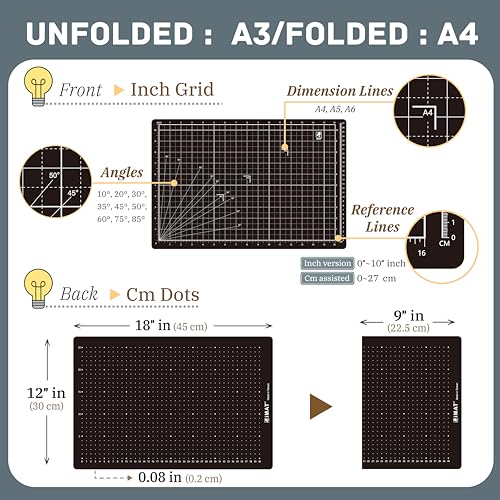 iMAT Flip Cutting Mat Note A3 Foldable Double-Sided Black | Inch grid front with cm dot back for dual-unit measuring. 12" x 18" size, ideal for cutting, crafts, sewing, and DIY projects - color: Black