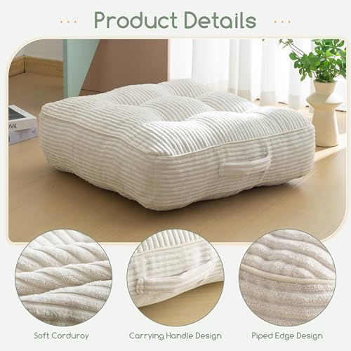 HIGOGOGO 6" Washable Floor Pillow Cushion for Adults, Meditation Cushion Pillow, Large Square Floor Sitting, Removable Tufted Corduroy Cover, for Tatami Living Room or Yoga, 22x22 Inch,Beige