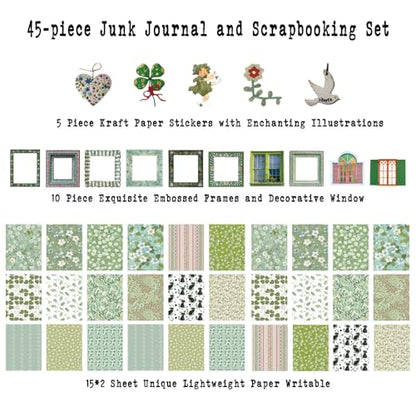 Diuhofart Scrapbooking Supplies Kit, 45 Pieces Green Aesthetic Junk Journal Kit with Scrapbook Paper, Embossed Collage Cards and Stickers for Journaling Supplies, DIY Art Craft, Collage - color: 45 Green Scrapbooking Supplies Kit