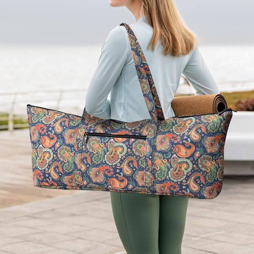 Boulder Bee | Yoga Mat Bag | Large Yoga Mat Carrier with Wet Pocket | Yoga Gifts | Gym Tote Bag for Women - color: Tote-Orange Cashew Flower