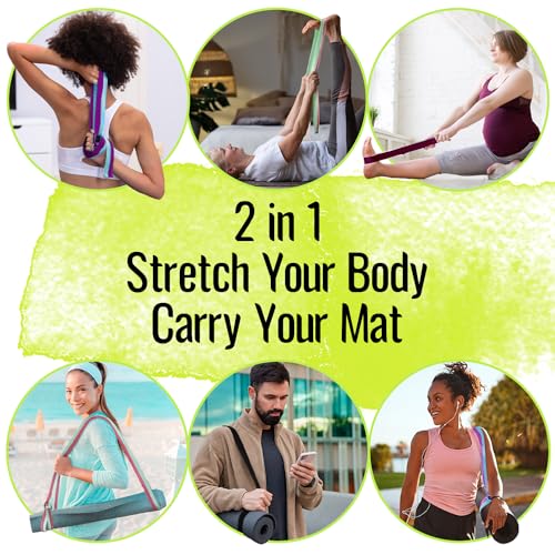 TECEUM 2 IN 1 Yoga & Mat Strap for Stretching – Cotton – 6/8/10 ft | Adjustable Non-Slip Belt in 30+ Colors for Yoga, Pilates, Physical Therapy, Fitness, Home Workouts and Carrying Mats - color: Bright Green, size: 8 ft