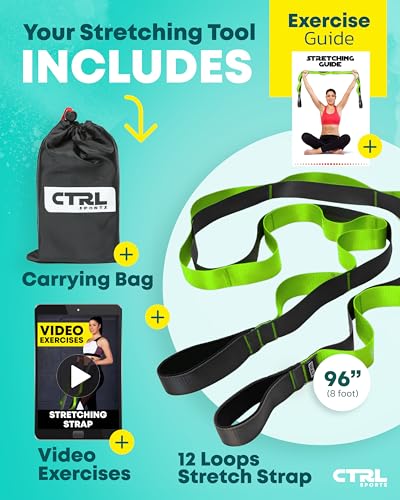 Stretching Strap with Loops - Non Elastic Yoga Strap for Physical Therapy | Video Exercises Included - Stretch bands for Stretching Equipment and Flexibility - Fascia, Hamstring & Leg Stretcher Belt - style: 12 Loops - Green