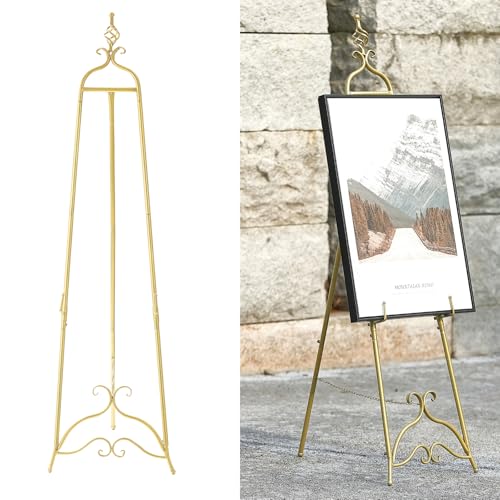 Gold Easel Stand for Sign 58.5” H Metal Large Adjustable | Display Standing for Displaying Pictures Wedding Poster Holder Showcasing with Chain Support - color: Openwork Orb Top