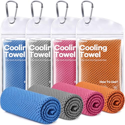 ROXUN Cooling Towels, 4 Pack (40''x12'') Chilly Ice Rags for Neck and Face | Gray+Blue+Pink+Orange, Soft Breathable, Sports and Outdoor Workouts, Comes with Storage Bags & Carabiners - color: Gray+blue+pink+orange