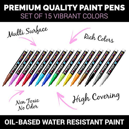 Fine Tip Paint pens for Rock Painting - Wood, Glass, Metal and Ceramic Works on Almost All Surfaces Set of 15 Vibrant oil based fine point paint markers, Quick Dry, Water Resistant