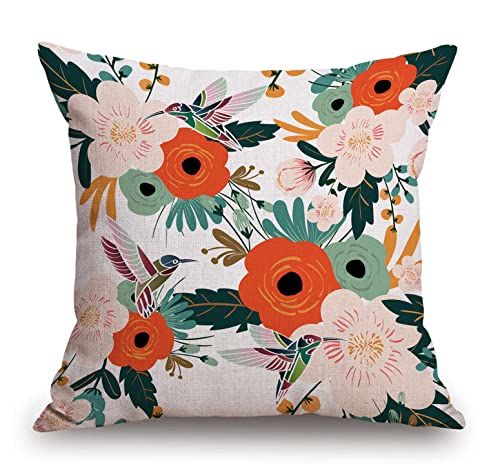 TSSOHU Flower and Hummingbird Pillow Cover Cotton Linen Spring Red Flower Green Leaves Boho Decorative Pillow Covers Cushion Cover Home Decor Pillowcase for 18x18 Inch - color: Tss50