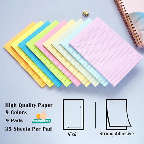 9 Pack Pastel Lined Sticky Notes 4X6 in Post and 9 Pack Pink Themed Colors Lined Sticky Notes with Lines 4X6 in Post