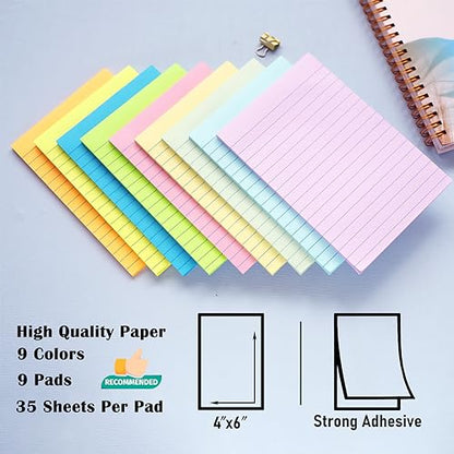 9 Pack Pastel Lined Sticky Notes 4X6 in Post and 9 Pack Pink Themed Colors Lined Sticky Notes with Lines 4X6 in Post