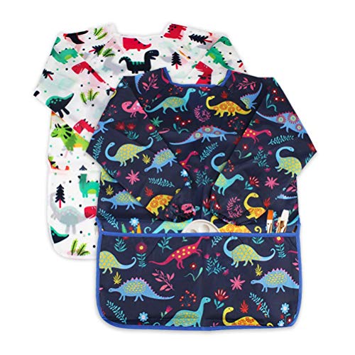 Kids Art Smocks 2 Pack Dinosaur Painting Apron for Children Waterproof Artist Smock with Long Sleeve and 3 Pockets for Age 3-8 Years - color: Dinosaur