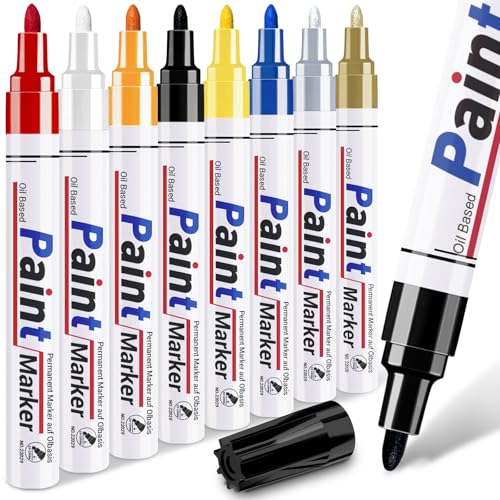 DAPAWIN Oil Based Paint Markers for Metal: 8 Colors Oil Based Permanent Paint Pens for Metal, Wood, Rock, Fabric, Canvas, Glass, Plastic - Medium Tip Quick-Dry, Waterproof, Art & Craft Pen