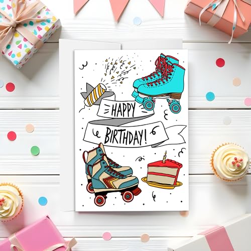 Roller Skate and Cake Birthday Card | Fun and Colorful Happy Birthday Card | Colorful Roller Skating Card - style: Skate