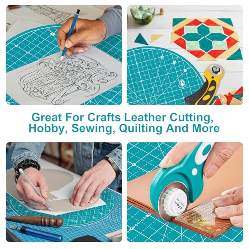Headley Tools 13"x13" Round Rotating Cutting Mat, Self Healing Mat with 360-Degree Rotation & Anti-Slip Base, Sewing Board Cutting Mat Perfect for Fabric Quilting Leather Hobby Project, Turquoise - color: Turquoise, size: 13"L x 13"W