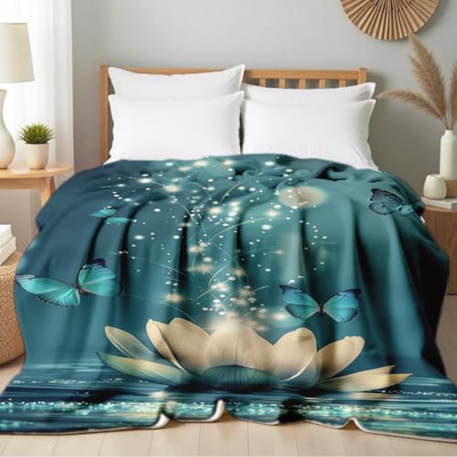Lotus Flower on Water Print Blanket White Floral Throw Blanket Zen Flannel Throw for Couch Bed Office Yoga Room Meditation Spa Decor Gifts (49"x59") - color: Teal, size: 49"x59"