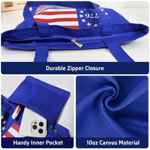Canvas Tote Bag with Zipper for Women, Halloween Trick or Treat Bags Bulk | 13.8" x 15.3" Fashionable Two-Tone Cotton Tote Bag for Crafts, DIY Your Creative Designs - color: [A0] Freedom - Blue