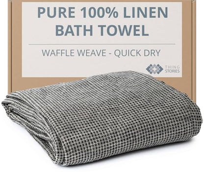 100% Linen Bath Towel 30x60-inch Waffle Weave Black-Natural Thin Quick Dry - color: Black Natural, size: Bath Towel