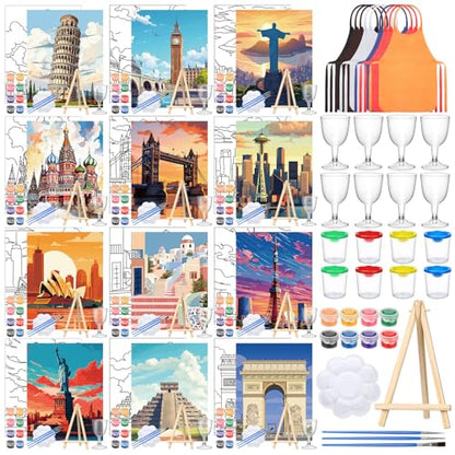 Sherr 96 Pcs 12 Sets Pre Drawn Canvas Kit for Painting Craft Sip and Paint Kit for Adults Pre Printed Canvas Painting Favor for DIY Birthday Gifts Adult's Date Party, 8 x 10 Inches (City) - style: City