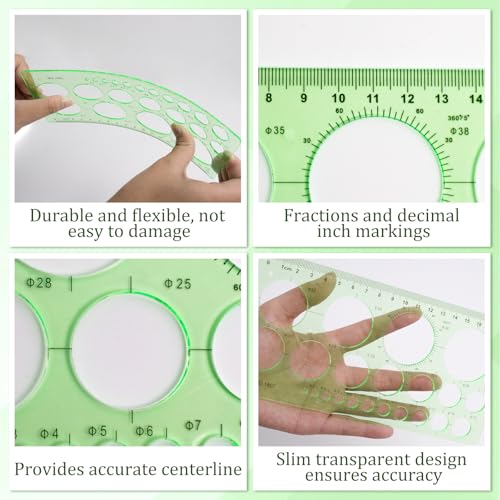 4 Pcs Geometric Drawings Templates, Measuring Geometry Rulers Drafting Stencils Measuring Tools, Transparent Green Plastic Drawing Tool for Design School Studying Office Architecture Teaching Supplies