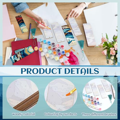 Kosiz 12 Pcs Mountain Paint by Number Kit for Adult Wood Bookmark | Mini Paint by Numbers Kit, Painting Decor, Tassels Blank Bookmarks, for Small DIY Craft Book Lovers Gift 7x2 '' - style: Mountain